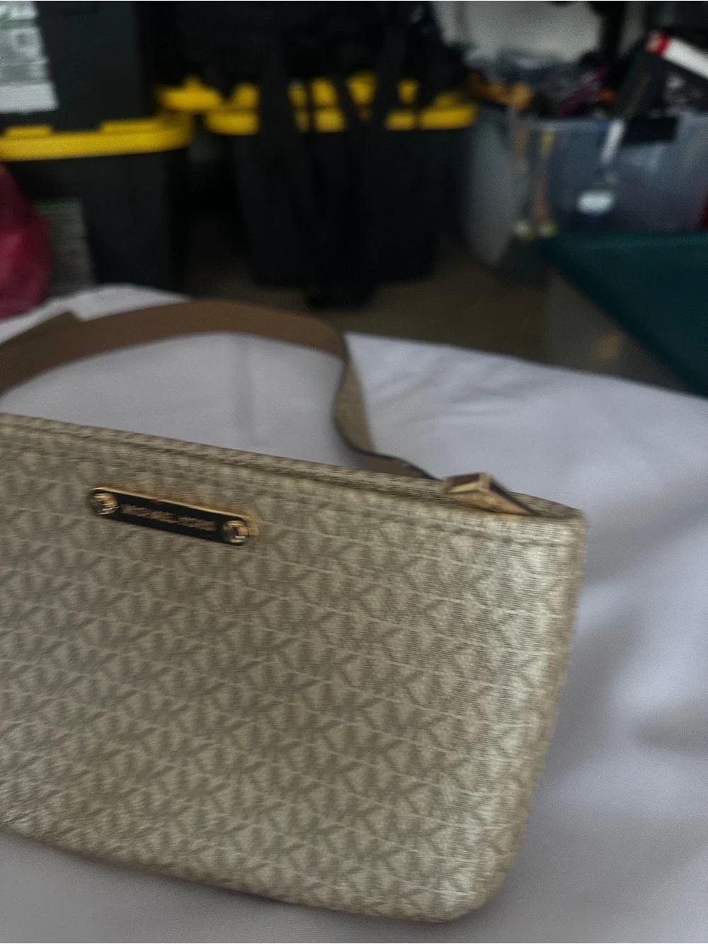 Michael Kors Beige Metallic Signature MK Crossbody Bag